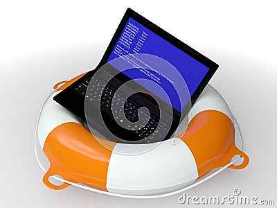 Lifebuoy ring and faulty computer Stock Photo