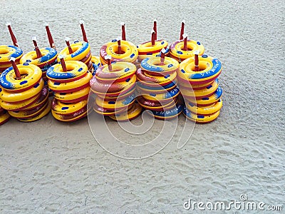 Lifebuoys on the beach Stock Photo