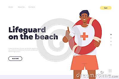 Lifeguard on beach landing page design template with happy lifesaver male character portrait Vector Illustration