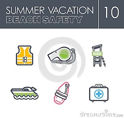 Lifeguard beach safety icon set. Summer. Vacation Vector Illustration