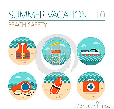 Lifeguard beach safety icon set. Summer. Vacation Vector Illustration