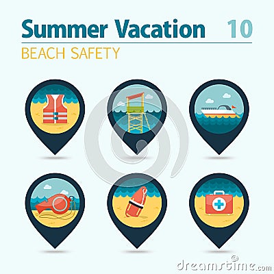 Lifeguard beach safety pin map icon set. Vacation Vector Illustration