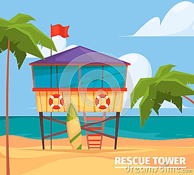 Lifeguard buildings. Seaside background with guard professional wooden building garish vector illustrations of security Vector Illustration