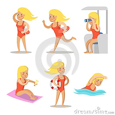 Lifeguard Girl Cartoon Character Set Vector Illustration