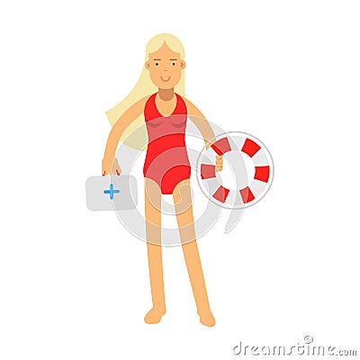 Lifeguard girl character in a red swimsuit holding lifebuoy and first aid kit Illustration Stock Photo