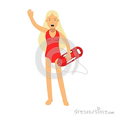 Lifeguard girl character in a red swimsuit with life preserver waving her hand Illustration Stock Photo