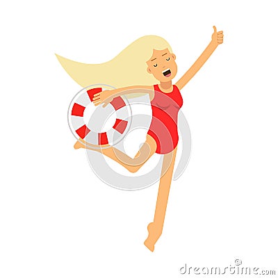 Lifeguard girl character in a red swimsuit running with lifebuoy Illustration Stock Photo