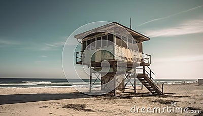 Lifeguard hut built on tranquil seascape landscape generated by AI Stock Photo
