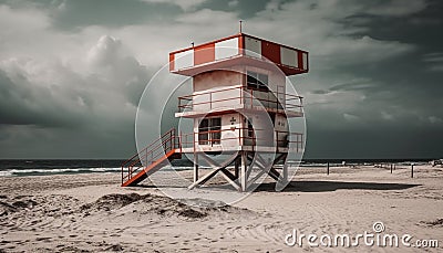Lifeguard hut on tranquil coastline, warning sign posted generated by AI Stock Photo