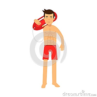 Lifeguard man character on duty standing and holding life preserver buoy on his shoulder Illustration Stock Photo