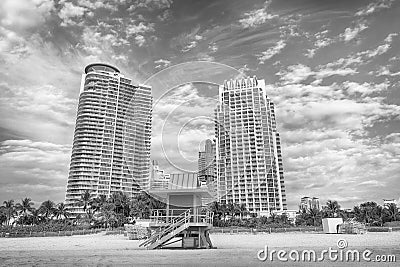 lifeguard patrol station on miami beach with skyscrapers Stock Photo