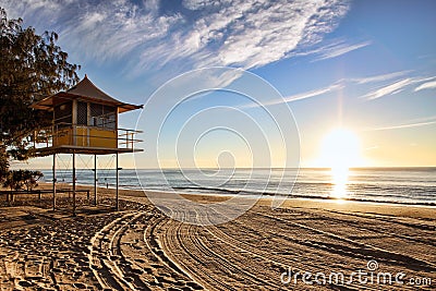 Lifeguard patrol tower at sunrise Stock Photo