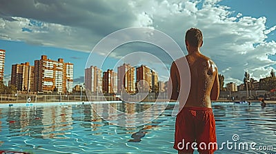 a lifeguard in red shorts, taking a momentary pause to gaze at the city skyline Stock Photo