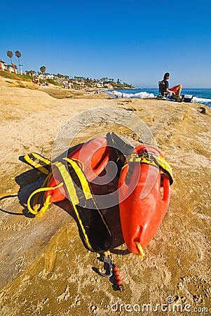 Lifeguard rescue cans (buoys), San Diego beach Stock Photo