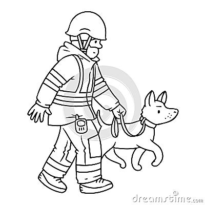 Lifeguard or rescuer with cadaver dog. Coloring book Vector Illustration