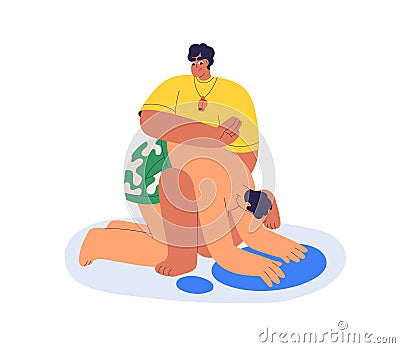 Lifeguard saving life. First aid for drowned person. Lifesaver helping after water accident. Recovery position for Cartoon Illustration