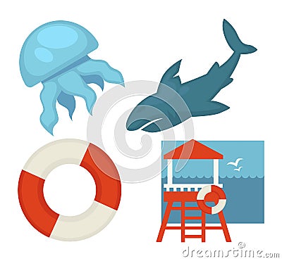 Lifeguard or sea guard vector icons shark, rescuer tower, lifebuoy and jellyfish Vector Illustration