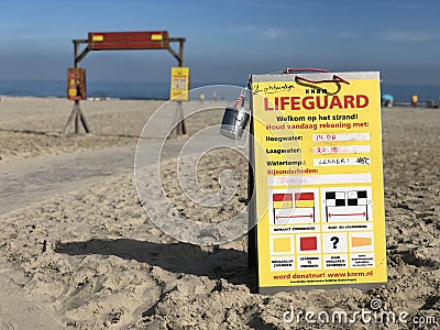 Lifeguard sign at the beach of Ameland island Editorial Stock Photo