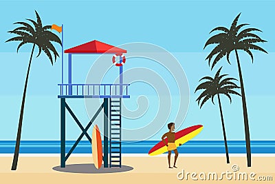 Lifeguard station on the beach palms, surfer, coast ocean, sea. Summer tropical landscape, vector Cartoon Illustration