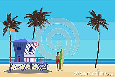 Lifeguard station on the beach palms, surfer, coast ocean, sea. Summer tropical landscape, vector Vector Illustration