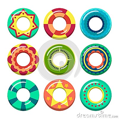 Lifeguard swimming rings in different colors. Vector illustrations of inflatable toys Vector Illustration