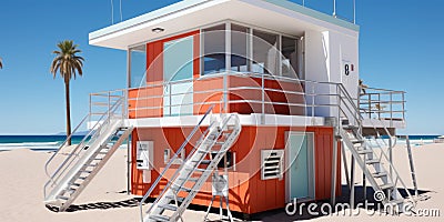A lifeguard tower on the beach with stairs. Generative AI image. Stock Photo