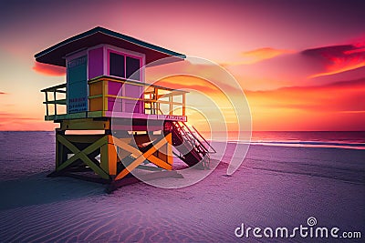 Lifeguard tower on beach on sunset. Miami Beach with lifeguard tower. Rescue tower with lifeguard Stock Photo