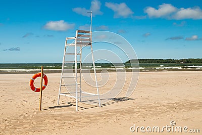 Lifeguard tower and lifering on beautiful sandy beach Yyteri at summer, in Pori, Finland Stock Photo