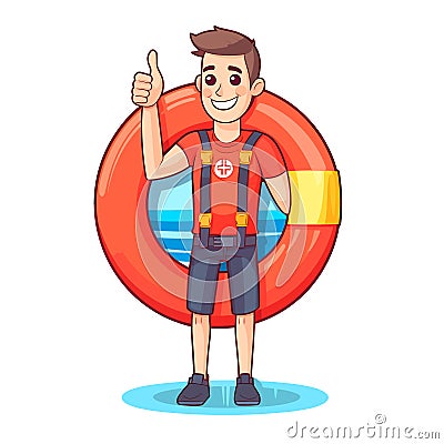 Lifeguard watching swimming pool. Swimming school. cartoon vector illustration. label, sticker, t-shirt printing Cartoon Illustration