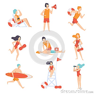 Lifeguards on duty set, male and female professional rescuer character working on the beach vector Illustration on a Vector Illustration