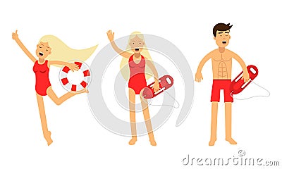 Lifeguards in red uniform with rescue buoys set. Professional rescuers working at the beach vector illustration i Vector Illustration