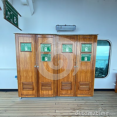 The lifejacket locker on a cruise ship where lifejackets are available Stock Photo