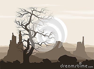 Lifeless landscape with old tree and mountains Vector Illustration