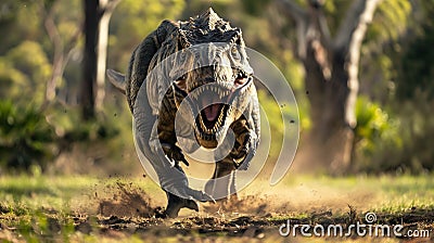 Lifelike dinosaur photographed in motion, running towards the viewer in a forest setting Stock Photo