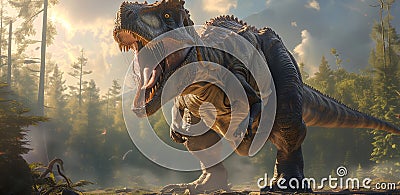 A majestic image featuring a lifelike dinosaur against a breathtaking background, with perfect lighting that captures every Stock Photo