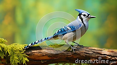 Lifelike Representation Of Blue Jay On Wood Branch With Spectacular Backdrop Stock Photo