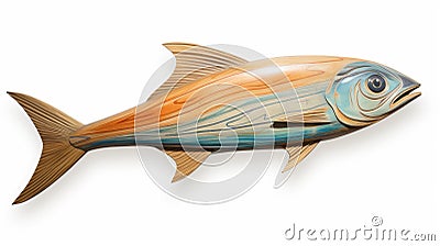 Lifelike Wall Mounted Wood Fish Sculpture In Blues, Oranges, And Greens Stock Photo