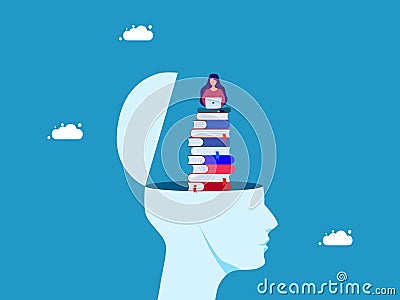 Lifelong learning. woman with laptop on stack of books growing from head Vector Illustration