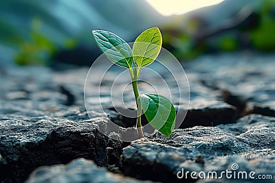 Lifes perseverance Green plant emerges through cracks in rocky terrain Stock Photo