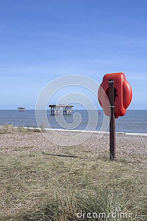 Sizewell nuclear power station water inlet and outlet platforms on Sizewell Beach, Suffolk, England Editorial Stock Photo