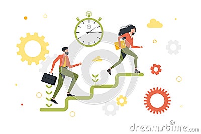 Lifestyle of Business Busy People, Businessmen. Rivalry Between Man and Woman managers. Workers climb the career ladder Vector Illustration