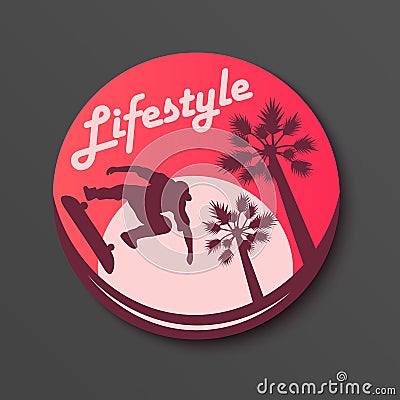 Lifestyle circle Sticker. Skateboarding Palm and sun Vector illustration Vector Illustration