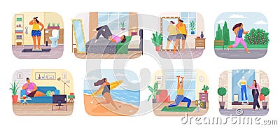 Lifestyle of fat woman. Fat girl at mirror. Overweight female, weight body. Activity day Vector Illustration