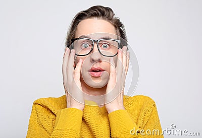 Lifestyle, happiness, emotional and people concept: photo of stupefied handsome male has shocked expression Stock Photo