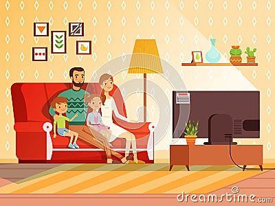 Lifestyle of modern family. Mother, father and children watching tv Vector Illustration