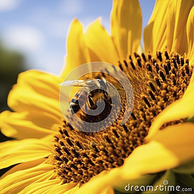 lifestyle photo close-up of bee on a sunflower - AI MidJourney Stock Photo