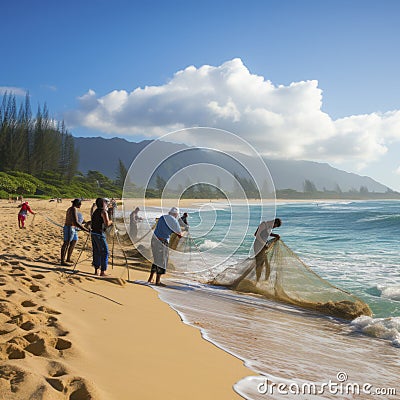 lifestyle photo Hukilau hawaii line of people hauling fish net from sea - AI MidJourney Stock Photo