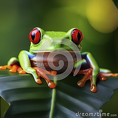 lifestyle photo small green frog with red eyes - AI MidJourney Stock Photo