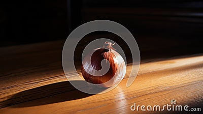 Lifestyle product shot of whole golden onion, illuminated from the side on a wooden table. Play light and shadow Stock Photo