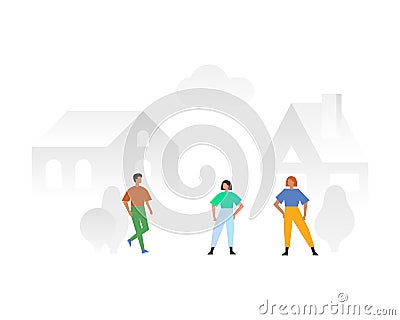 Lifestyle scene - guy and two girls met on the street. Friends, neighbors, relatives talking outdoors, isolated on a Vector Illustration